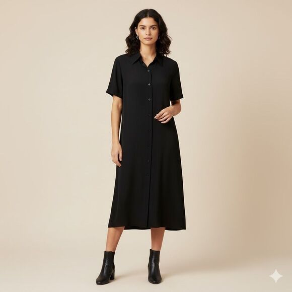 CHANEL Dresses & Skirts - Chanel Black Silk Shirt Dress Womens Size 36 US 4 Short Sleeve Collar Minimalist